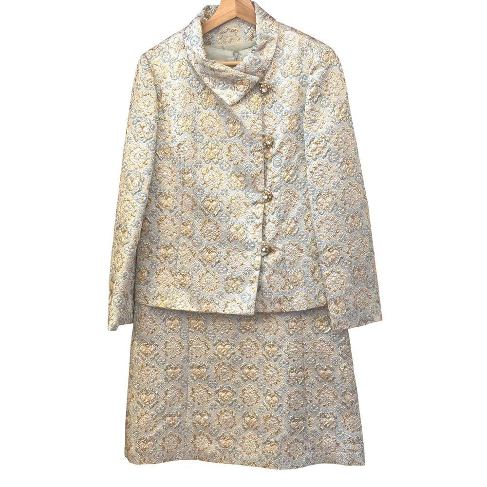 60s Vintage Hollywood Fashion Brocade Skirt Suit Set Mod Glam Regency Gold Blue